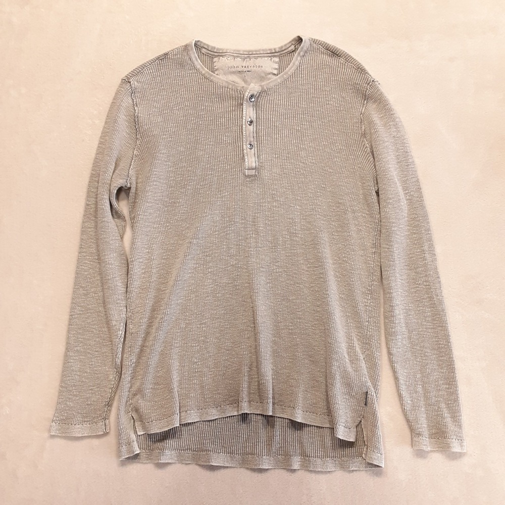 John Varvatos Mens Memphis Waffle Henley LS Gray Heather Large Slub Yarn Cotton